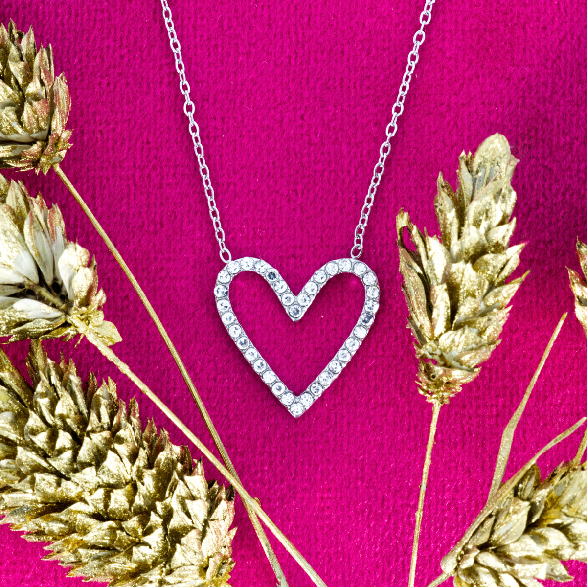 Rhodium Plated Cubic Zirconia Set Open Heart Pendant & Chain