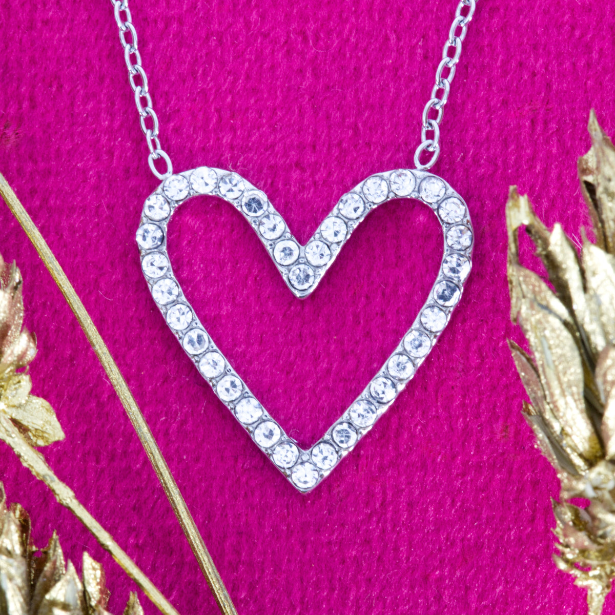 Rhodium Plated Cubic Zirconia Set Open Heart Pendant & Chain