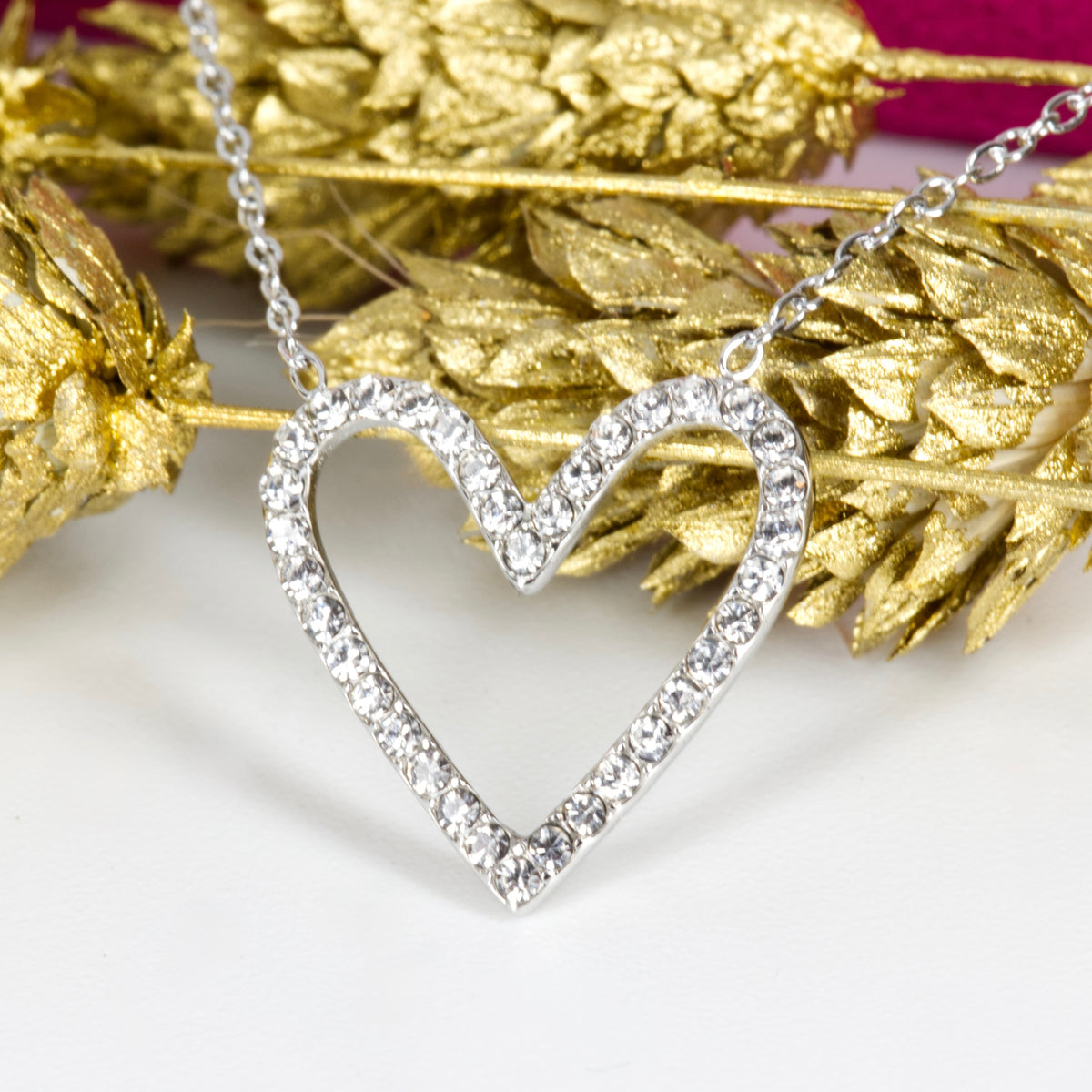 Rhodium Plated Cubic Zirconia Set Open Heart Pendant & Chain