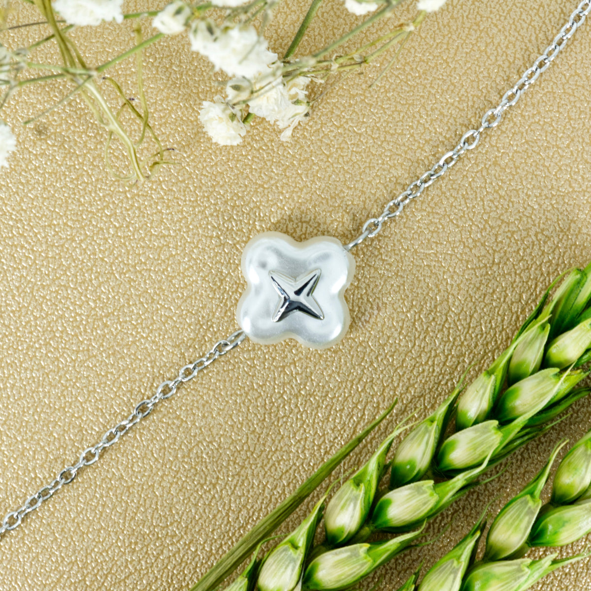 Rhodium Plated Mother-Of-Pearl Clover Bracelet