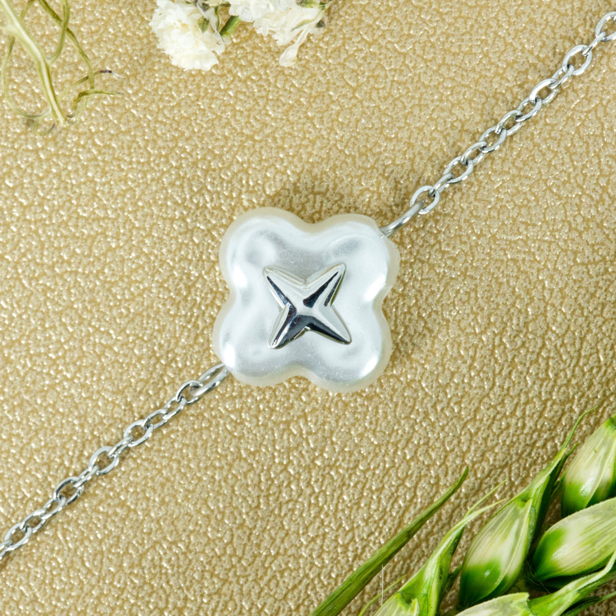 Rhodium Plated Mother-Of-Pearl Clover Bracelet