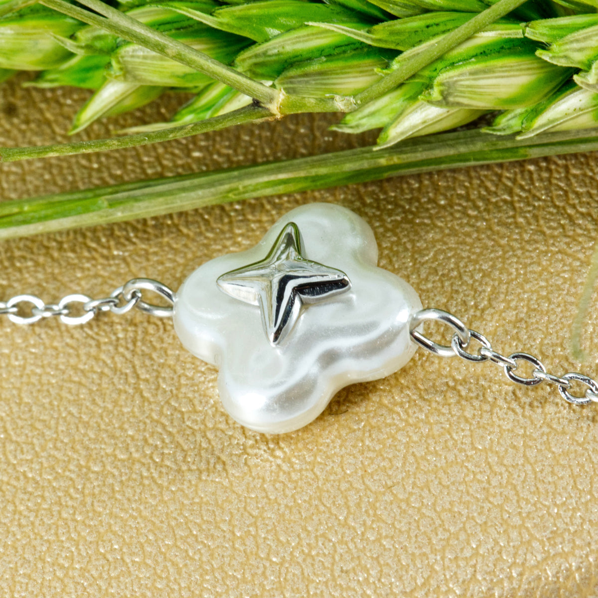 Rhodium Plated Mother-Of-Pearl Clover Bracelet