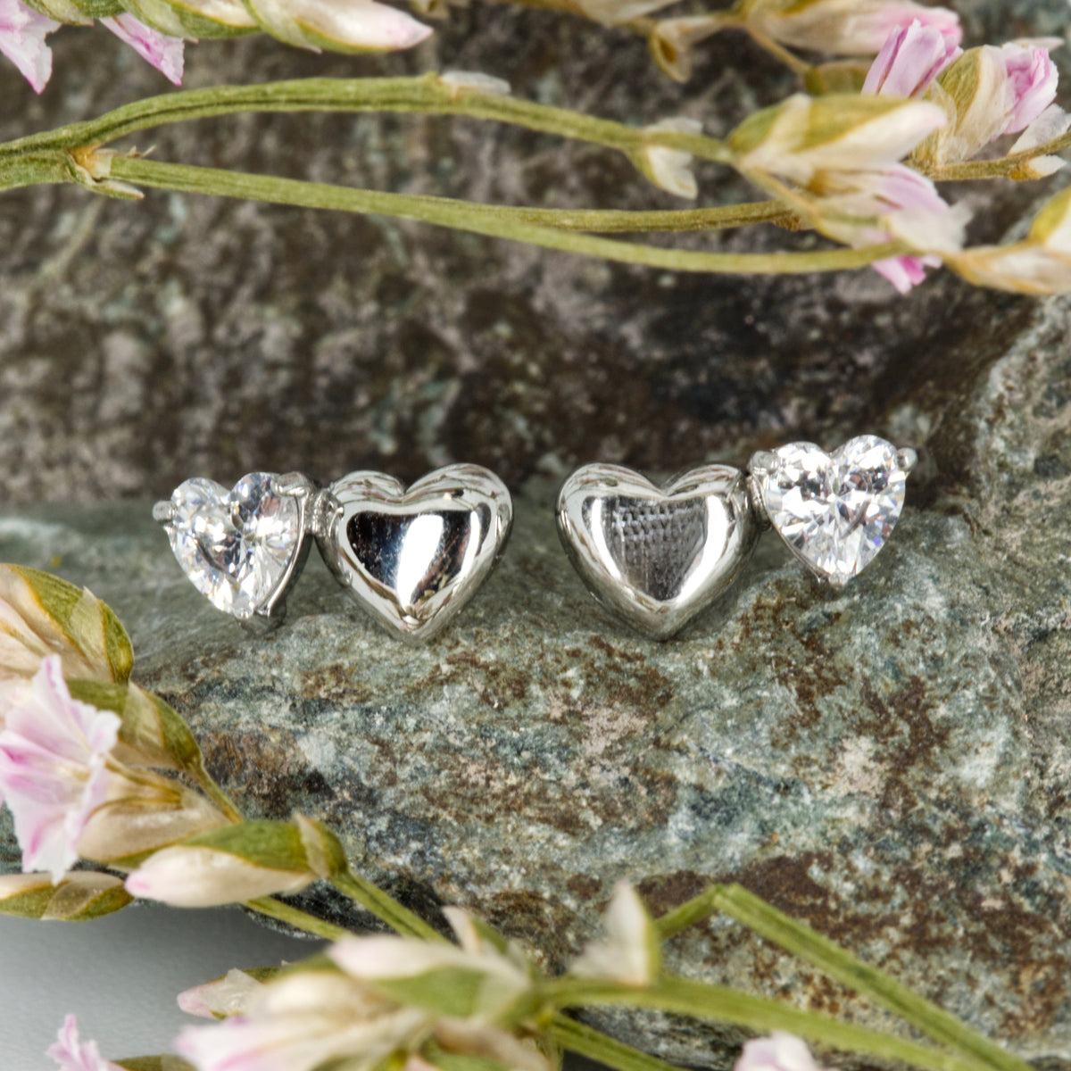 Rhodium Plated Double Heart Cubic Zirconia Set Stud Earrings