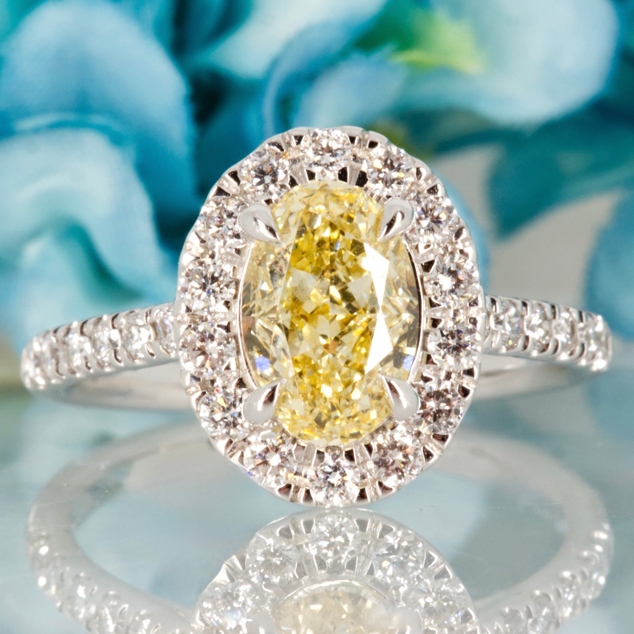 18ct White Gold 2.02ct Oval Cut Lab Grown Yellow Diamond Halo Cluster Ring
