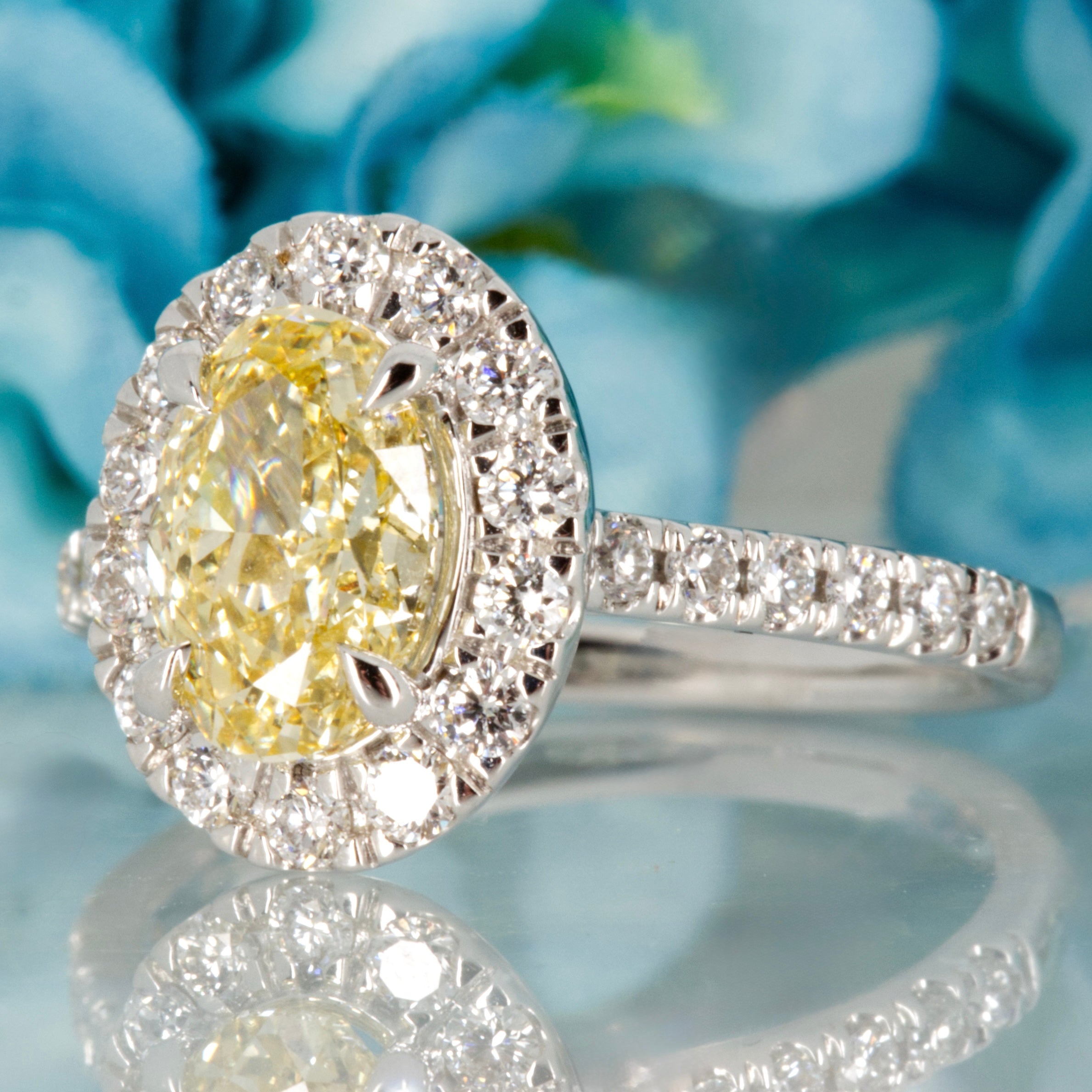 18ct White Gold 2.02ct Oval Cut Lab Grown Yellow Diamond Halo Cluster Ring