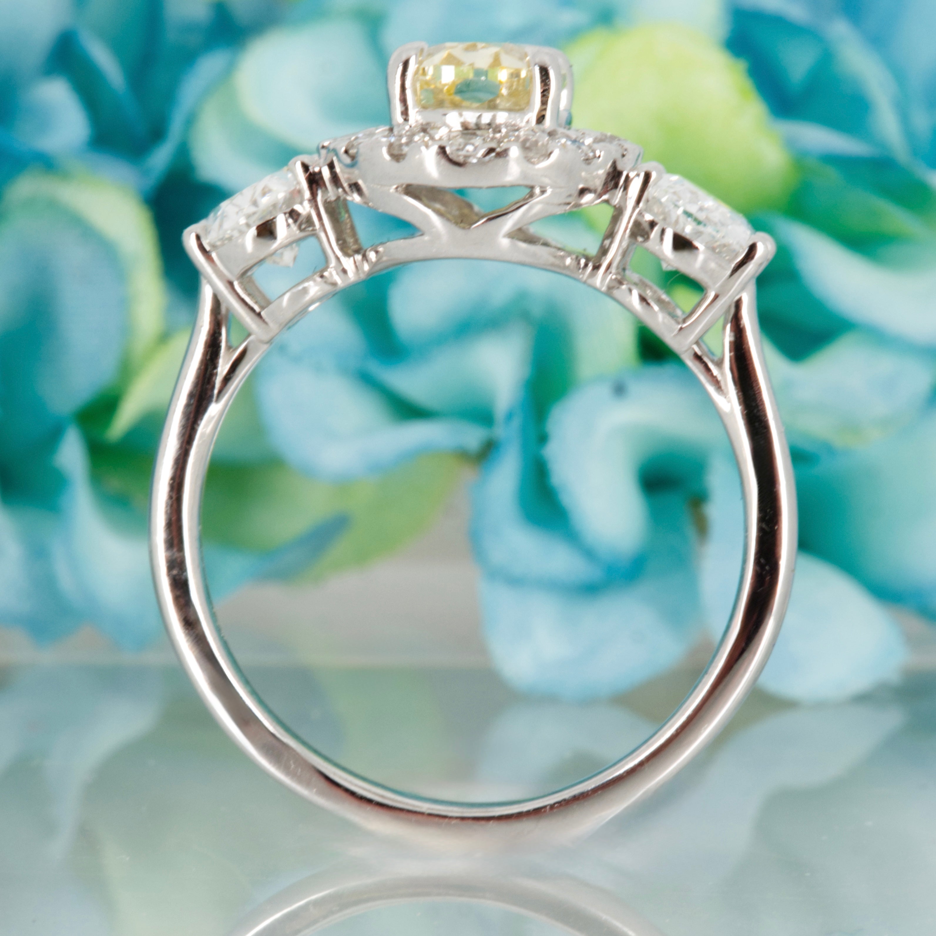18ct White Gold Oval Cut Lab Grown Yellow Diamond & Lab Grown Diamond Halo Cluster Trilogy Ring