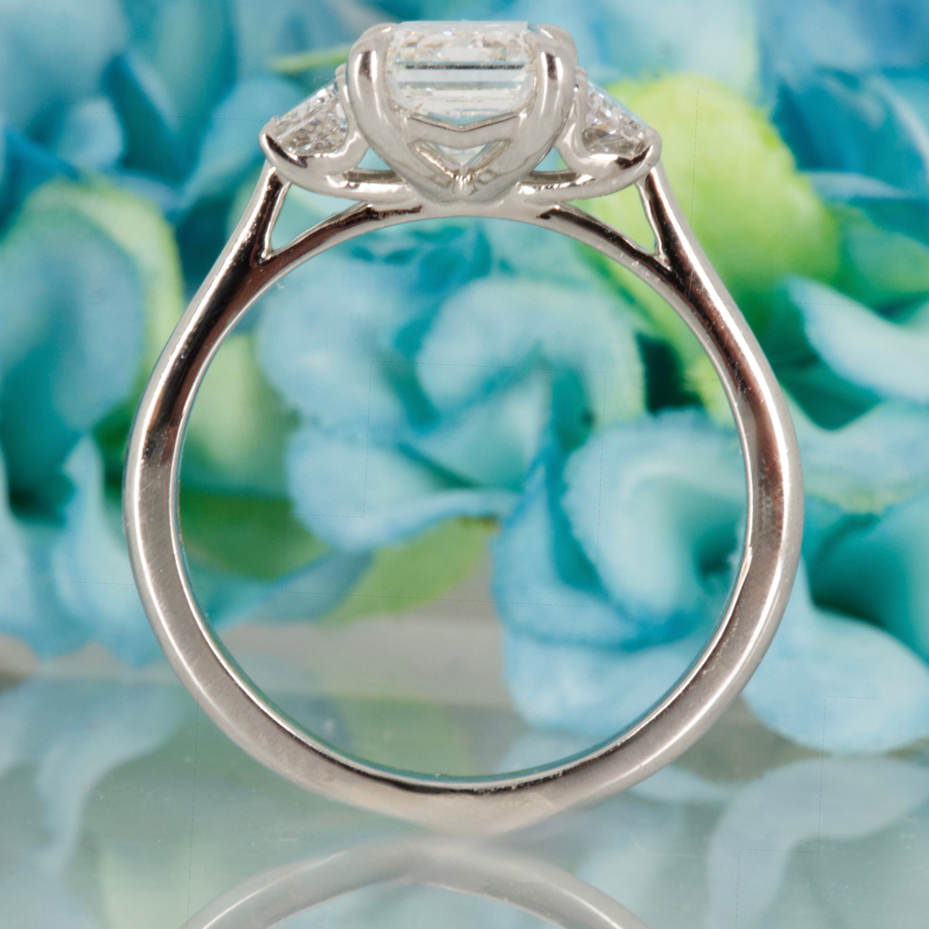 Platinum 2.63ct Emerald & Trapezoid Cut Lab Grown Diamond Trilogy Ring