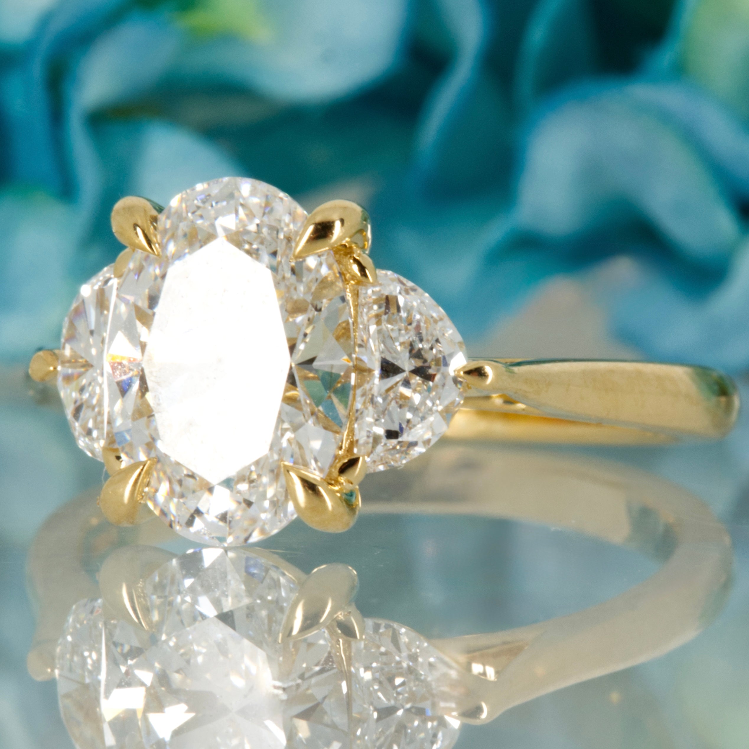 18ct Yellow Gold 2.55ct Oval & Crescent Cut Lab Grown Diamond Trilogy Ring