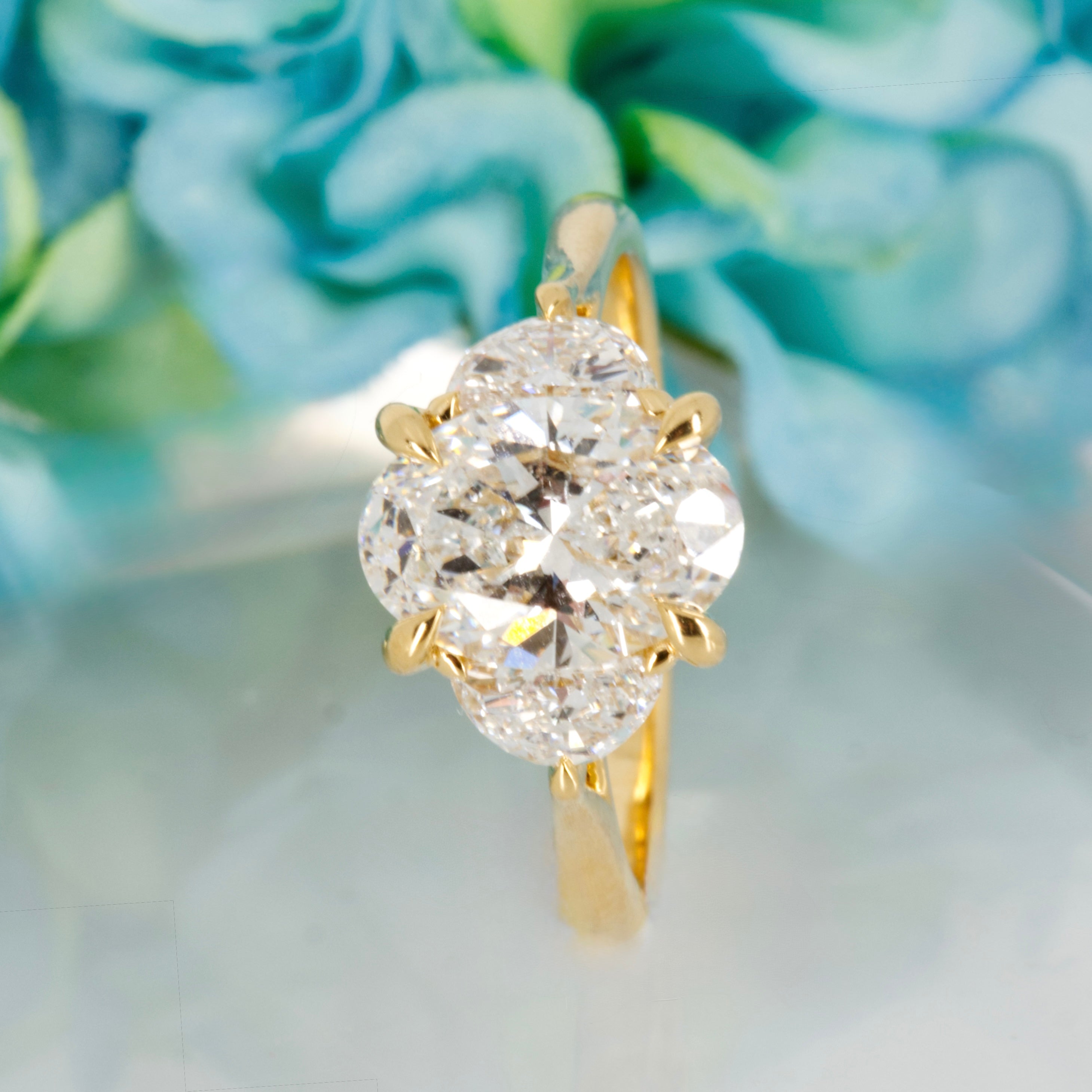 18ct Yellow Gold 2.55ct Oval & Crescent Cut Lab Grown Diamond Trilogy Ring