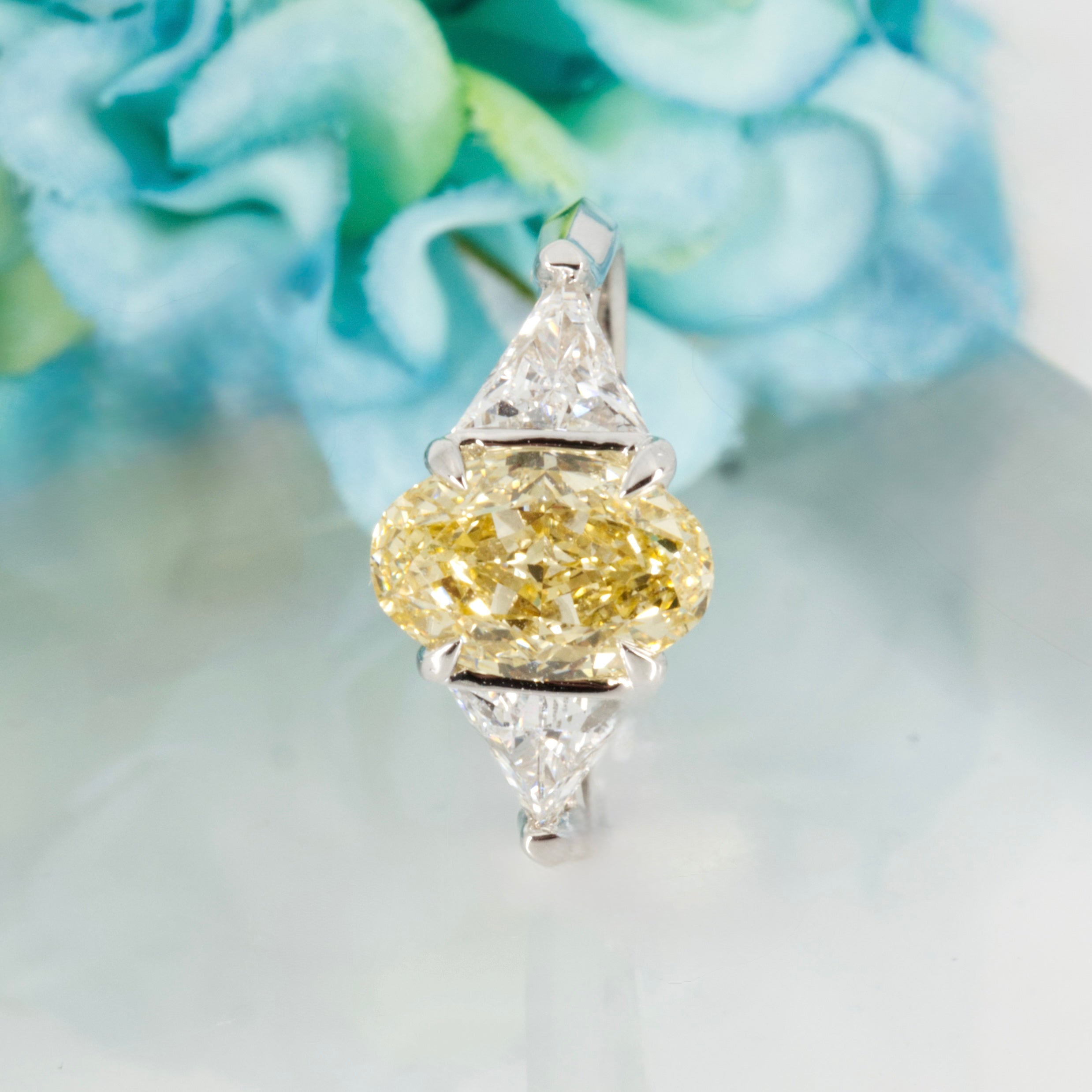 18ct White Gold Oval Cut Lab Grown Yellow Diamond & Trilliant Cut Lab Grown Diamond Trilogy Ring