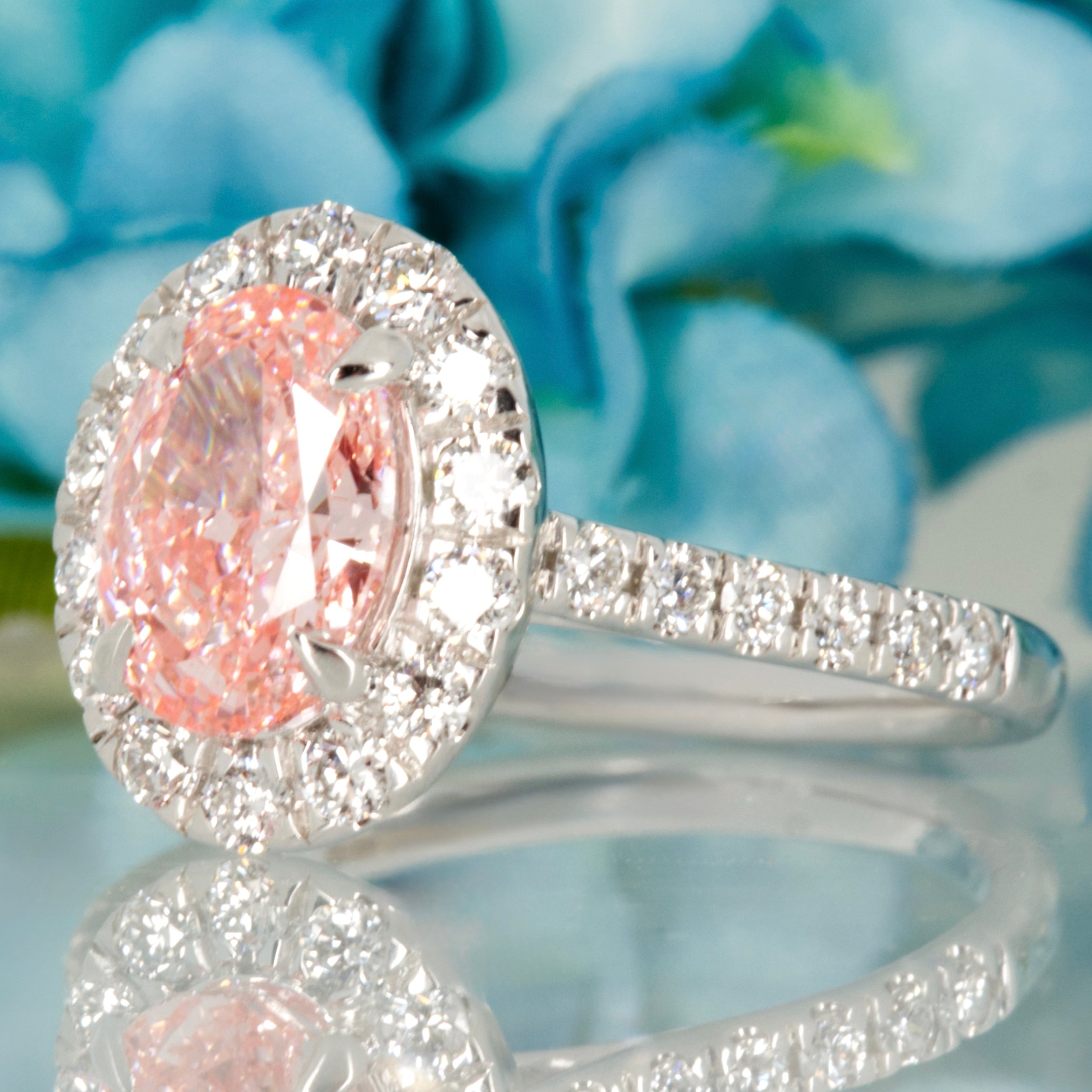 18ct White Gold 2.00ct Oval Cut Lab Grown Pink Diamond Halo Cluster Ring