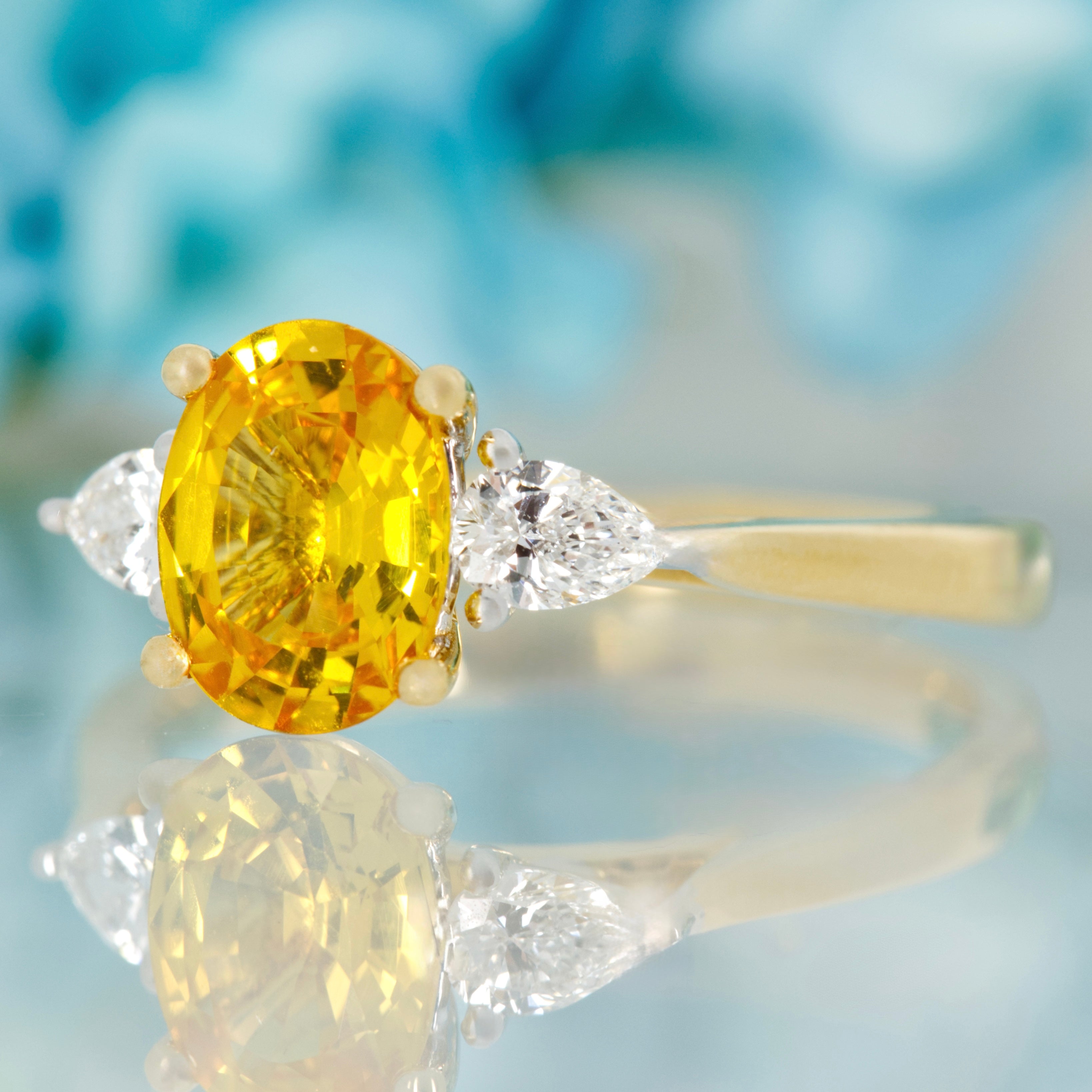 18ct Yellow Gold Oval Cut Yellow Sapphire & Pear Cut Diamond Trilogy Ring