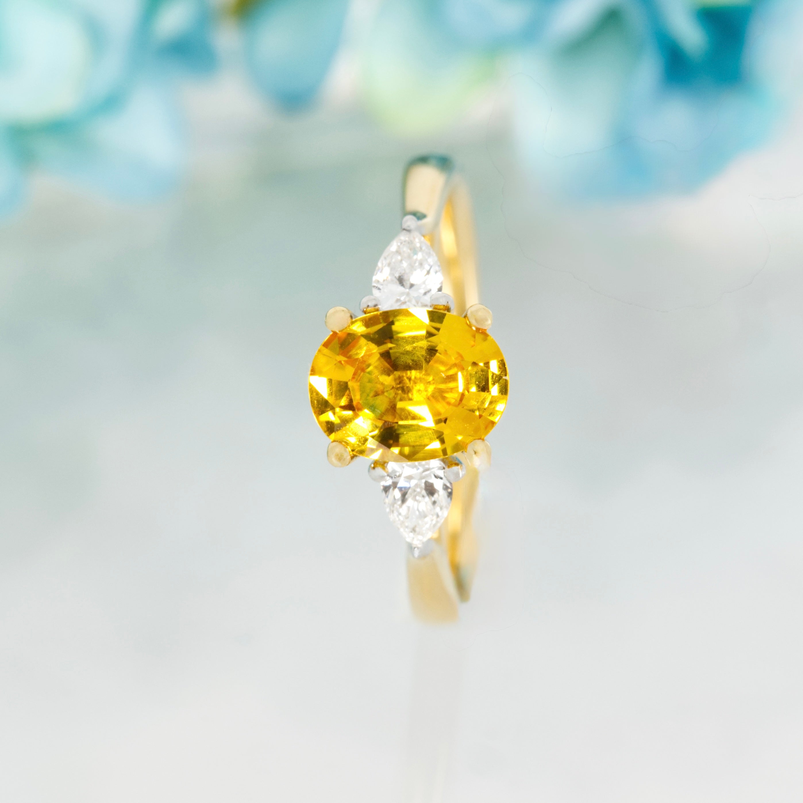 18ct Yellow Gold Oval Cut Yellow Sapphire & Pear Cut Diamond Trilogy Ring