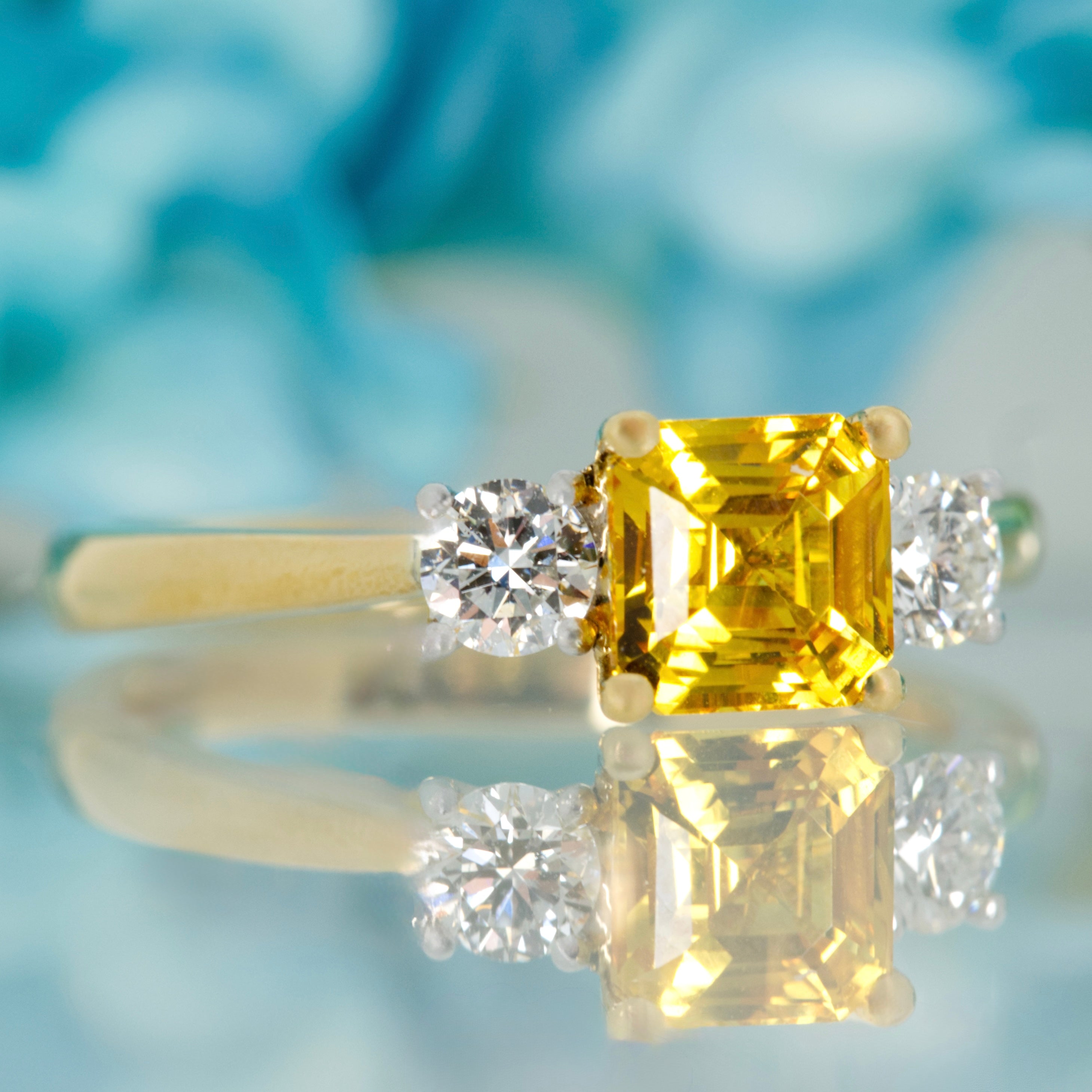 18ct Yellow Gold & Platinum Asscher Cut Yellow Sapphire & Round Brilliant Cut Diamond Trilogy Ring