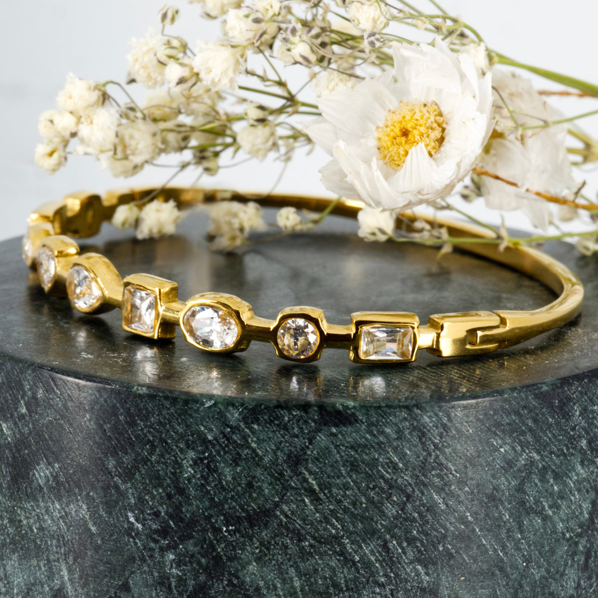 Gold Plated Cubic Zirconia Set Hinged Bangle
