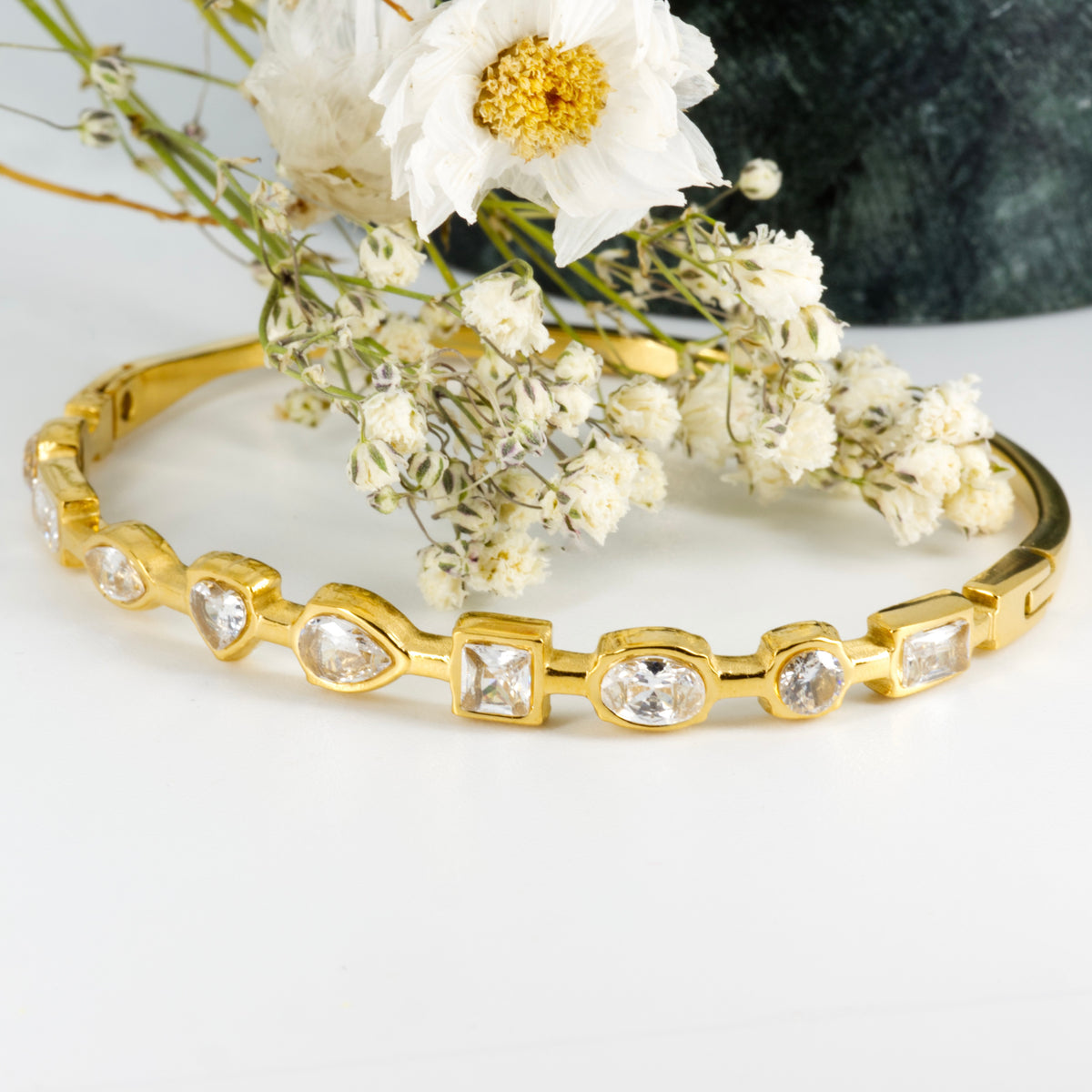 Gold Plated Cubic Zirconia Set Hinged Bangle