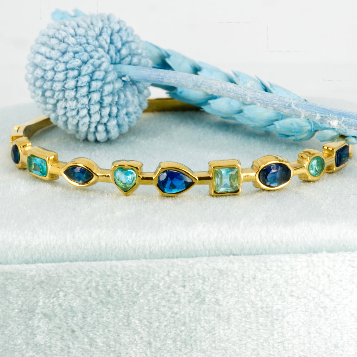 Gold Plated Blue Cubic Zirconia Set Hinged Bangle
