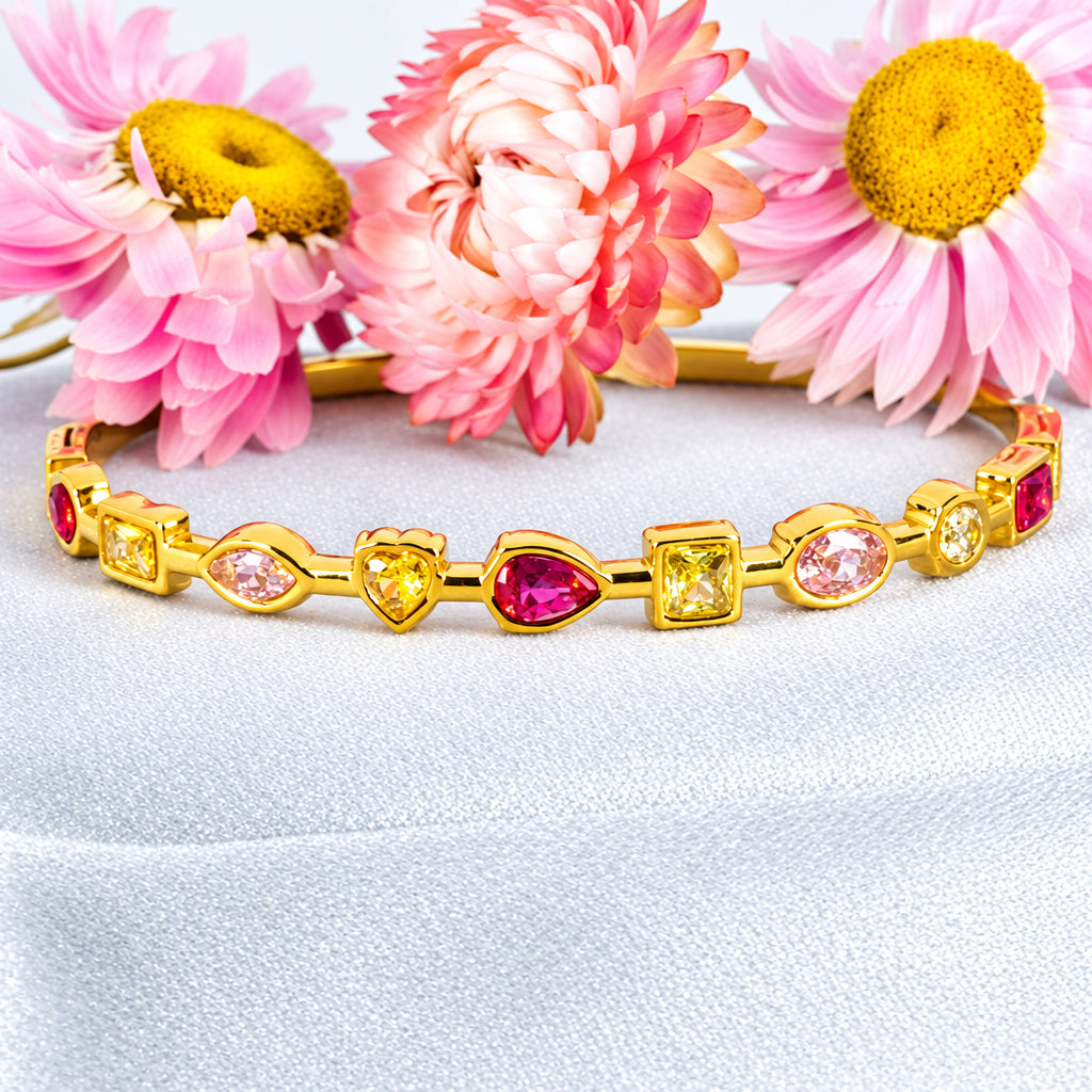 Gold Plated Pink & Yellow Cubic Zirconia Set Hinged Bangle