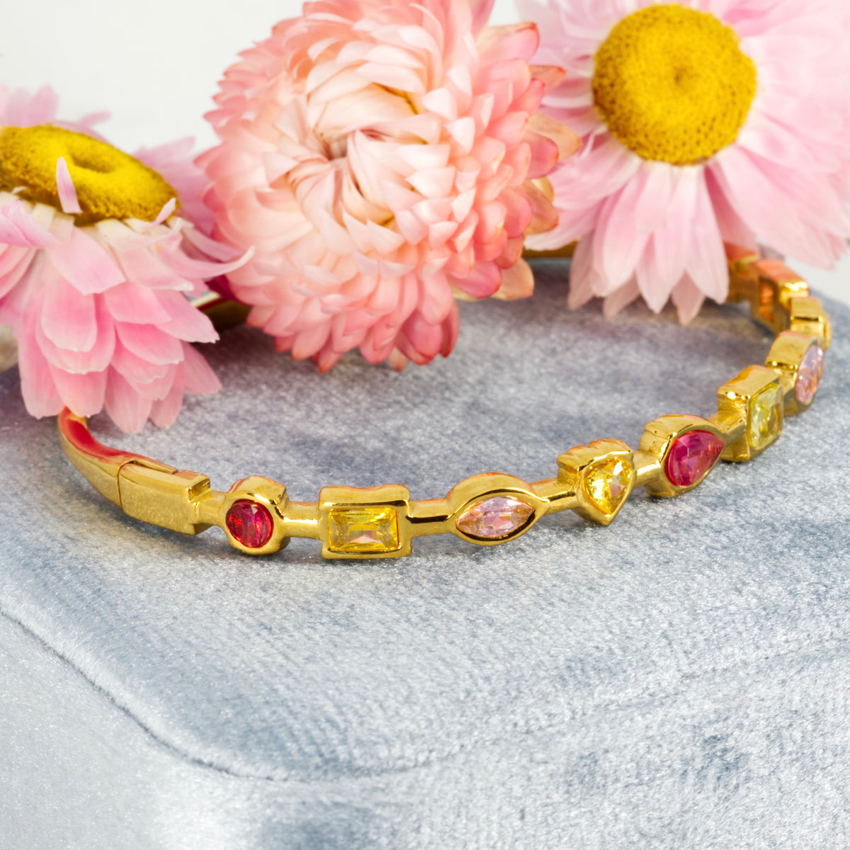 Gold Plated Pink & Yellow Cubic Zirconia Set Hinged Bangle