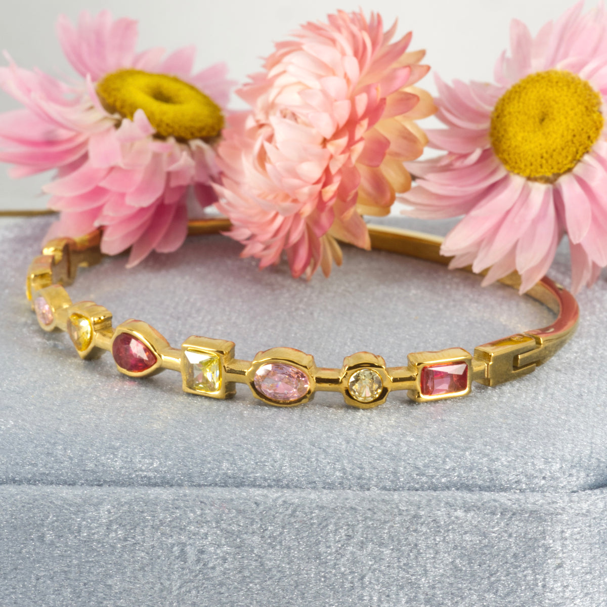 Gold Plated Pink & Yellow Cubic Zirconia Set Hinged Bangle