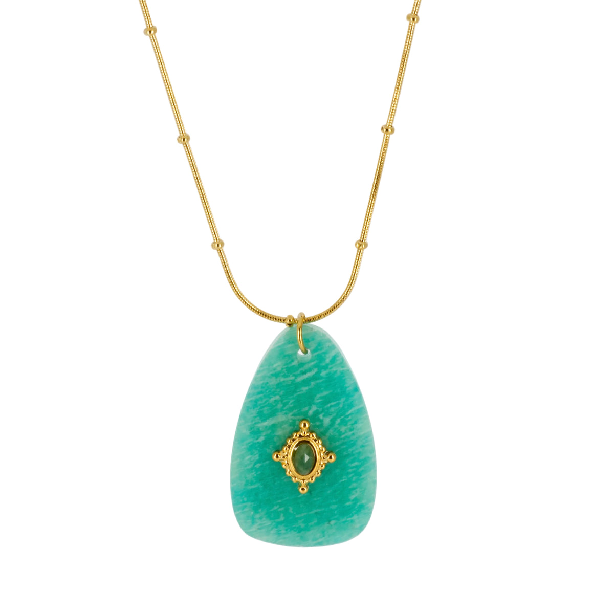 Gold Plated Green Stone Pendant & Beaded Chain