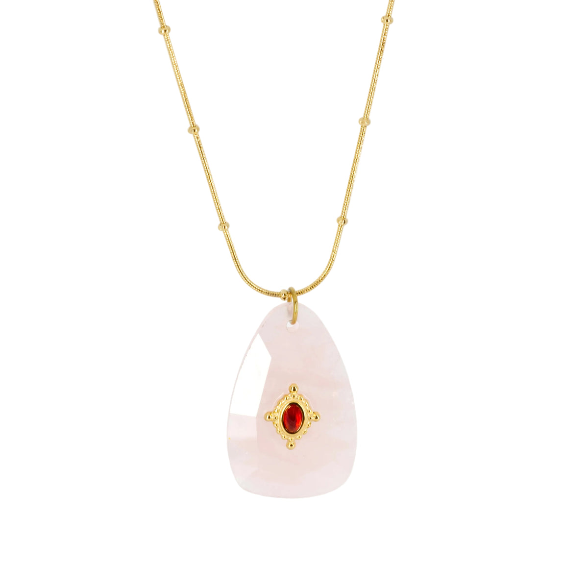 Gold Plated Pink Stone Pendant & Beaded Chain