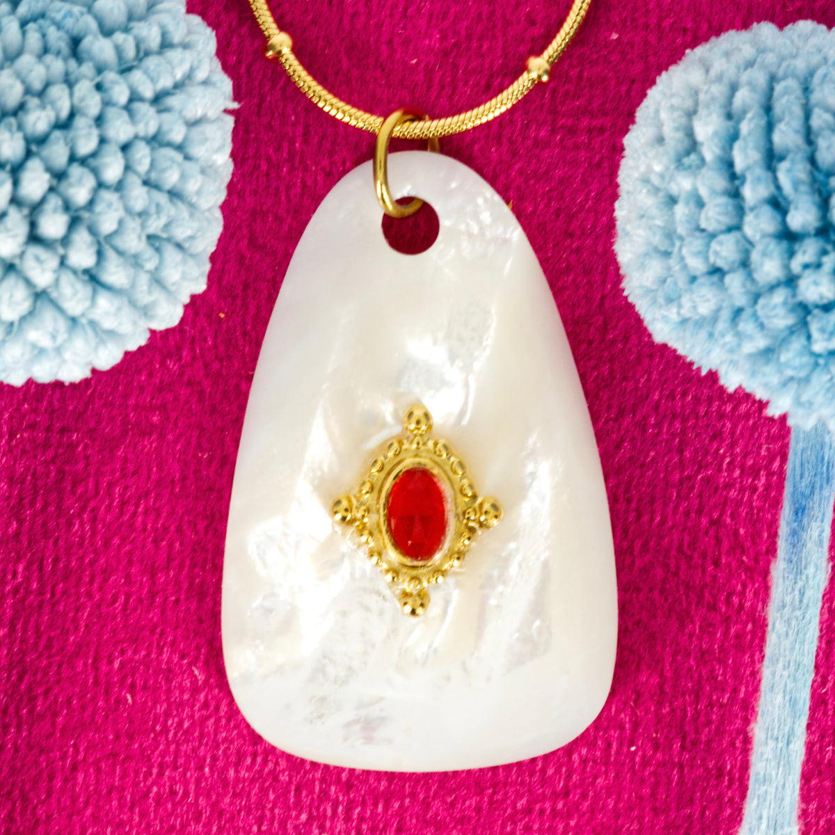 Gold Plated White & Red Stone Pendant & Beaded Chain