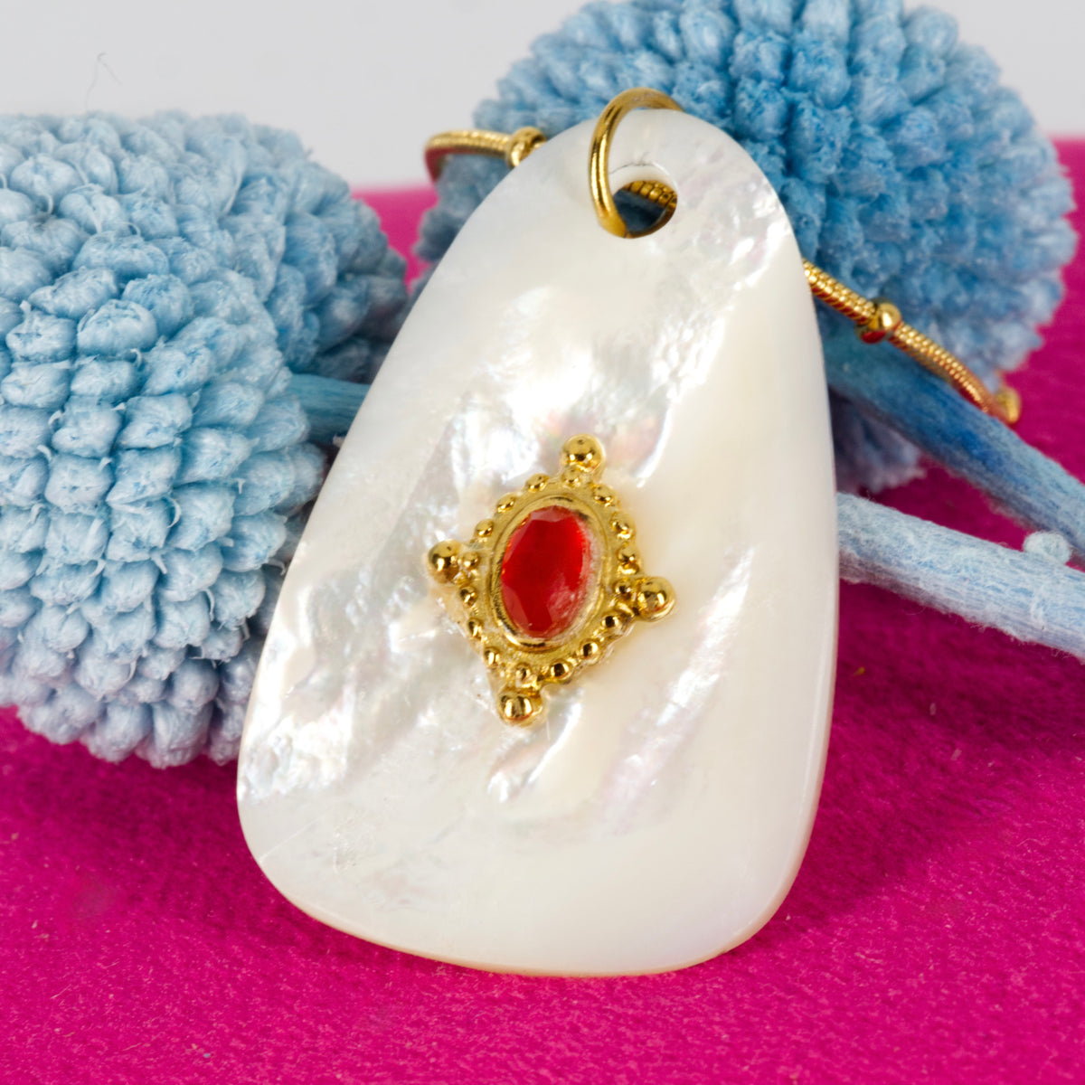 Gold Plated White & Red Stone Pendant & Beaded Chain