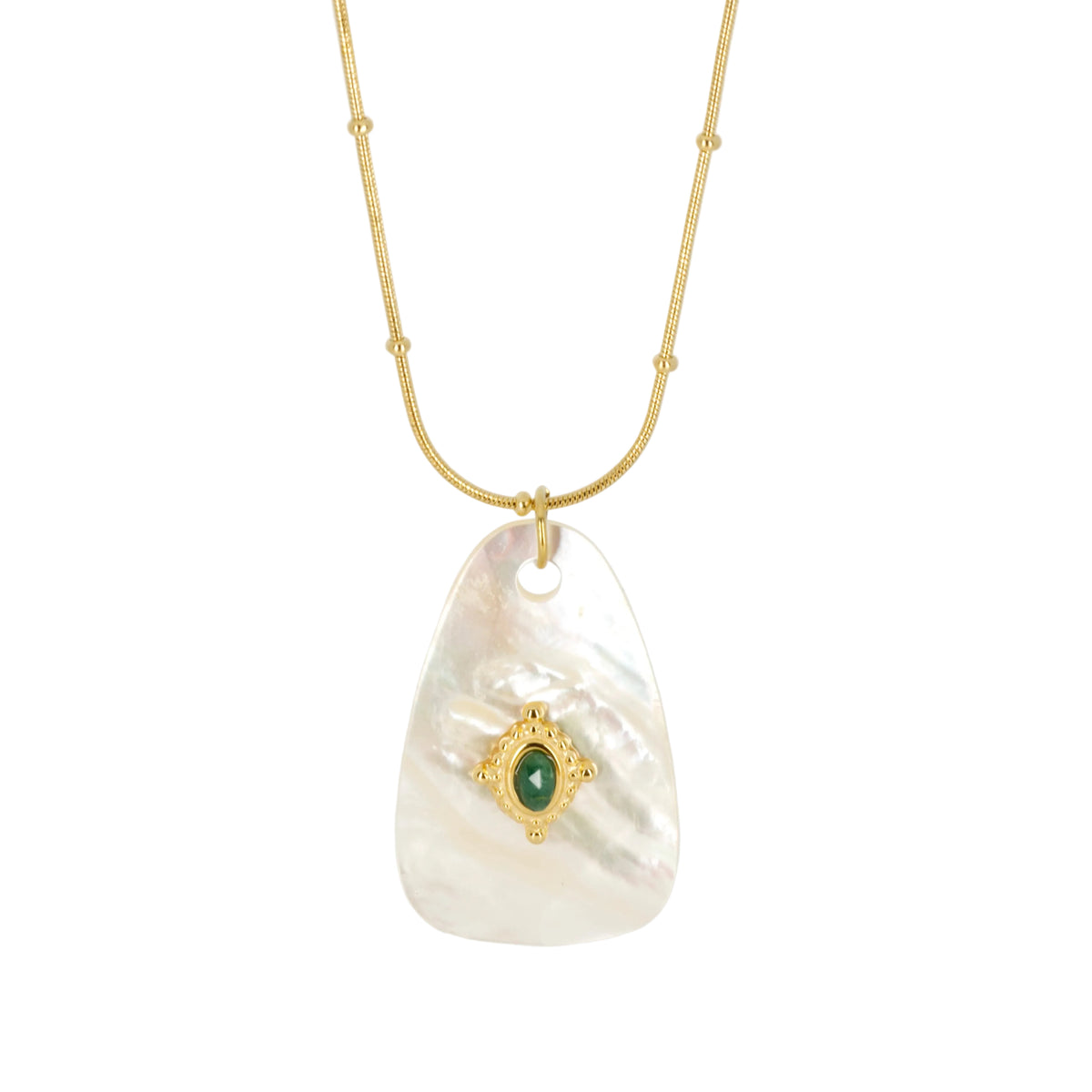Gold Plated White & Green Stone Pendant & Beaded Chain