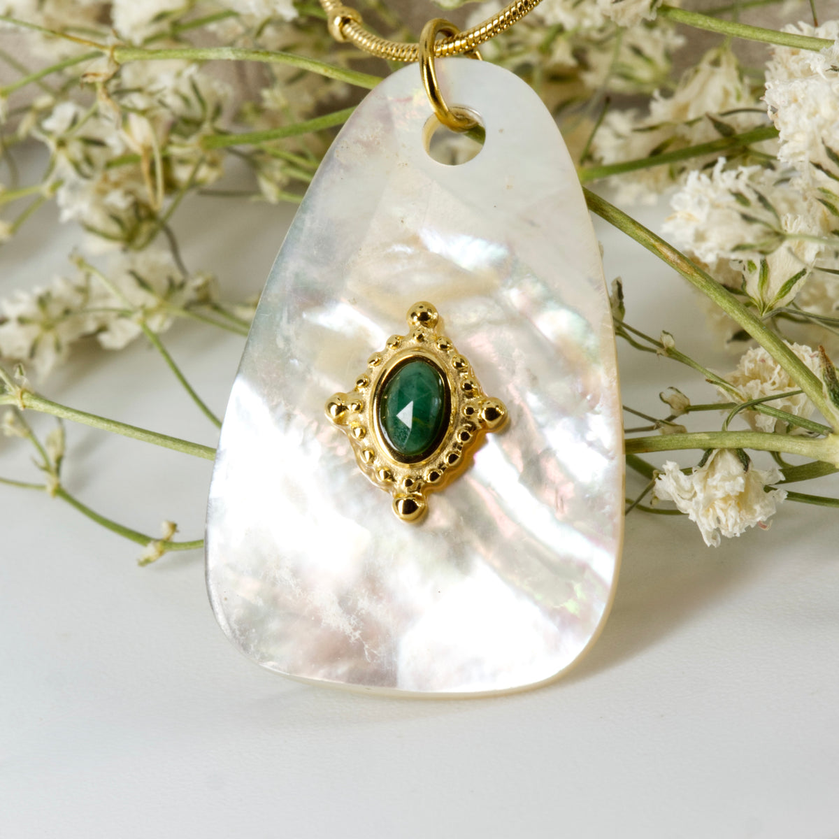 Gold Plated White & Green Stone Pendant & Beaded Chain