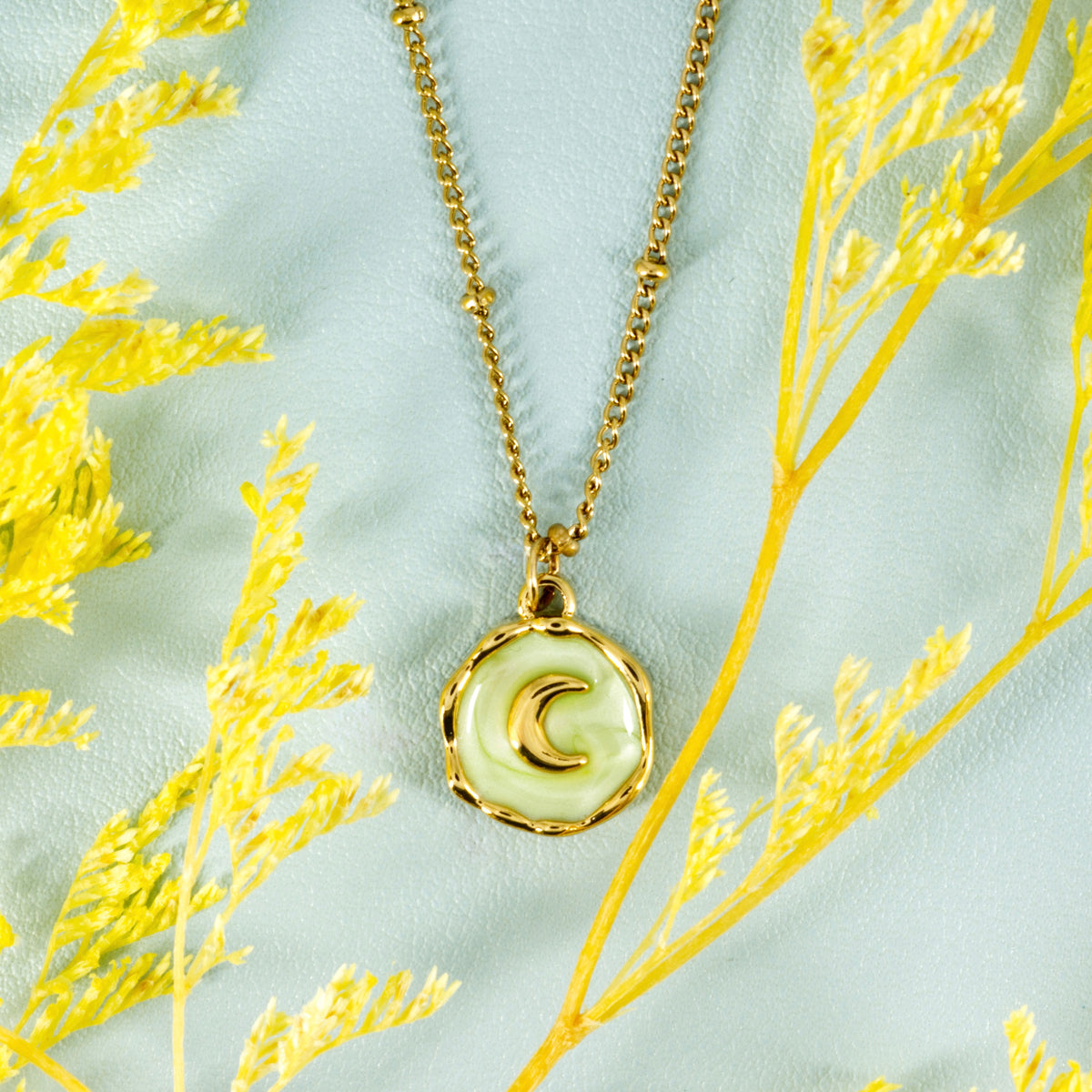 Gold Plated Round Light Green Moon Pendant & Chain