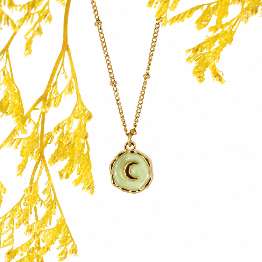 Gold Plated Round Light Green Moon Pendant & Chain