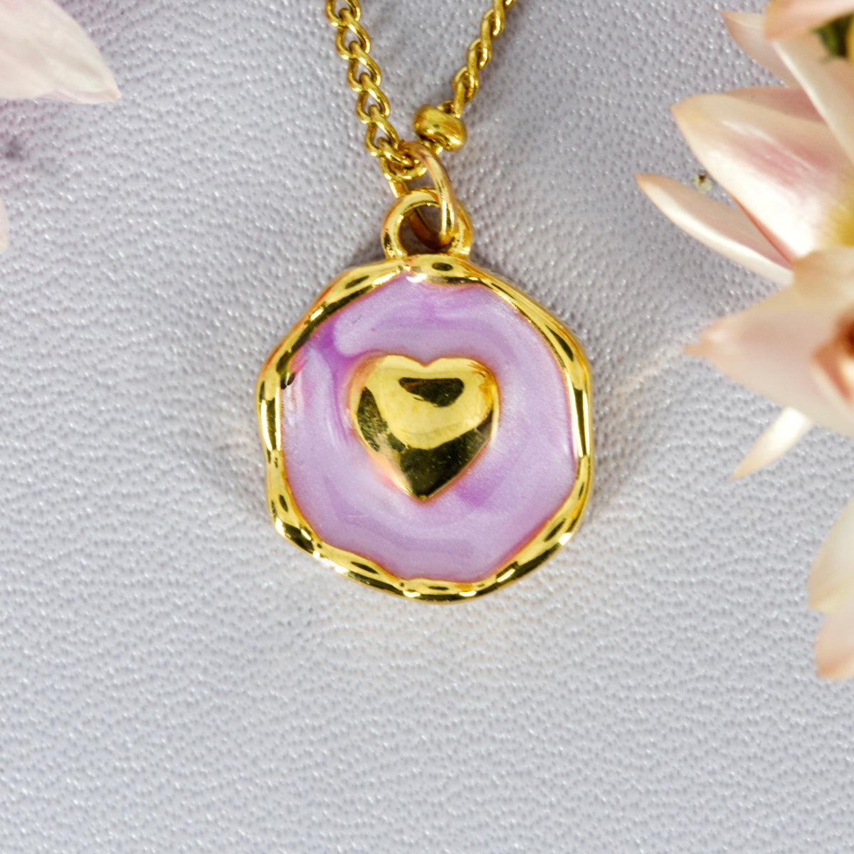 Gold Plated Round Lilac Heart Pendant & Chain