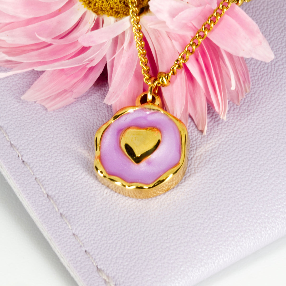 Gold Plated Round Lilac Heart Pendant & Chain