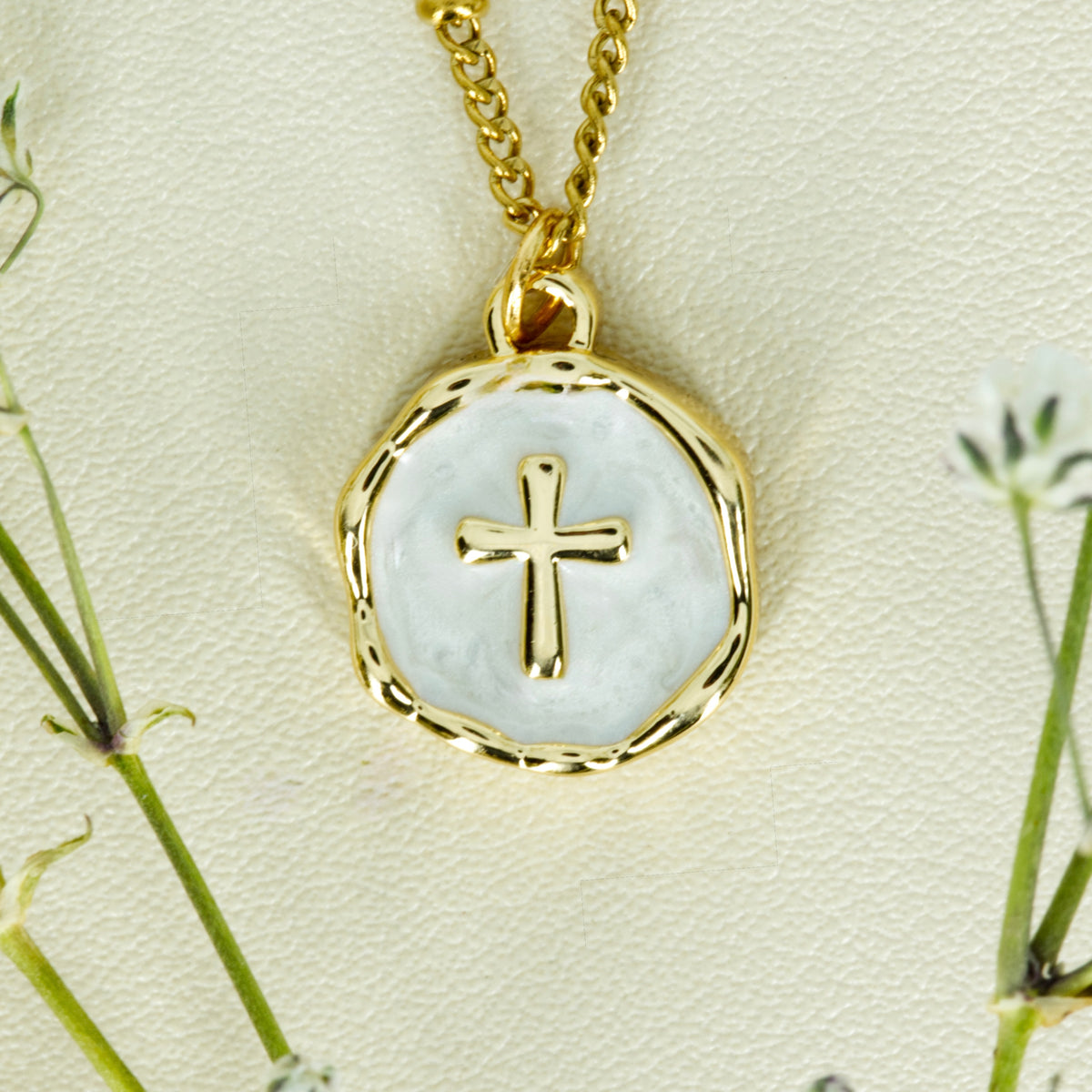 Gold Plated Round White Cross Pendant & Chain