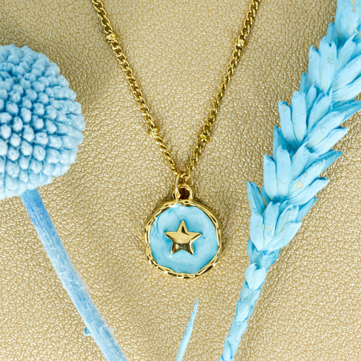 Gold Plated Round Light Blue Star Pendant & Chain