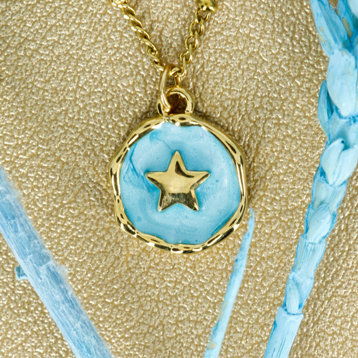 Gold Plated Round Light Blue Star Pendant & Chain