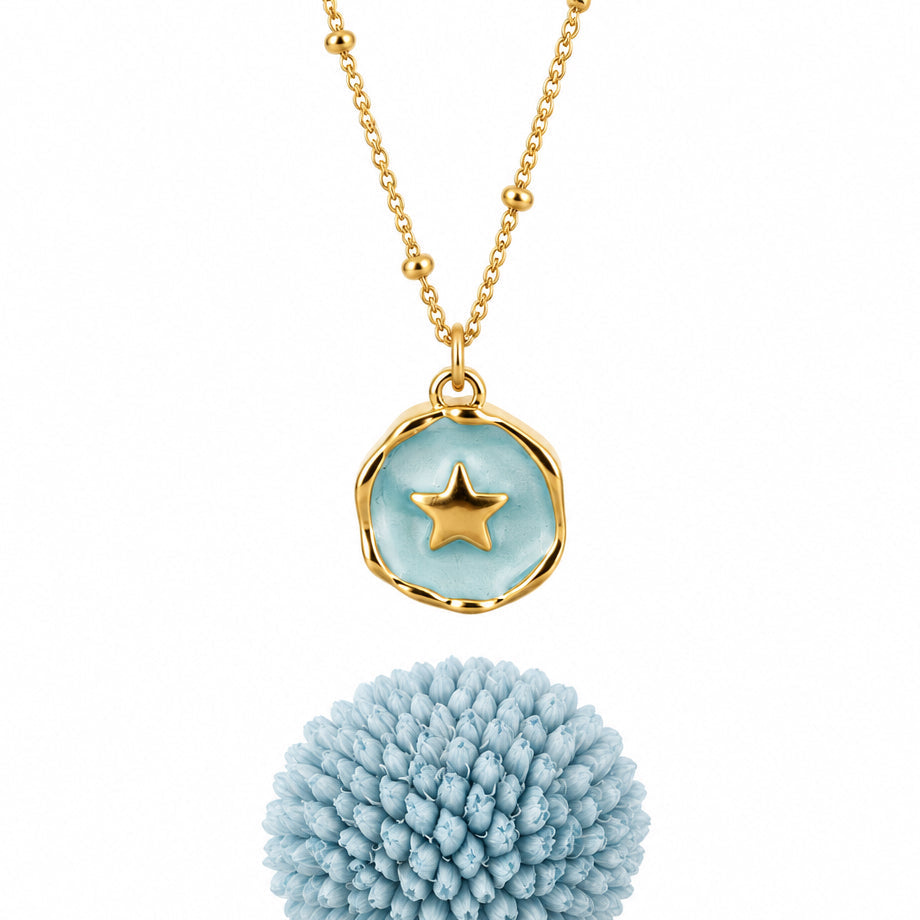 Gold Plated Round Light Blue Star Pendant & Chain