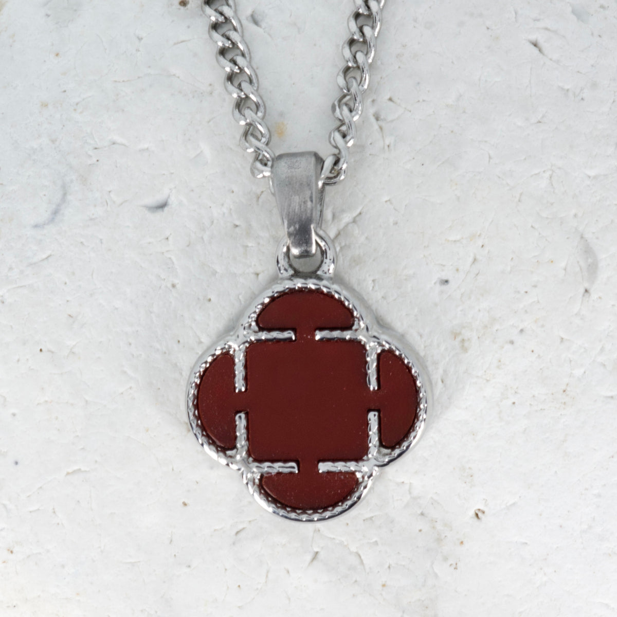 Stainless Steel Red Stone Clover Pendant & Chain