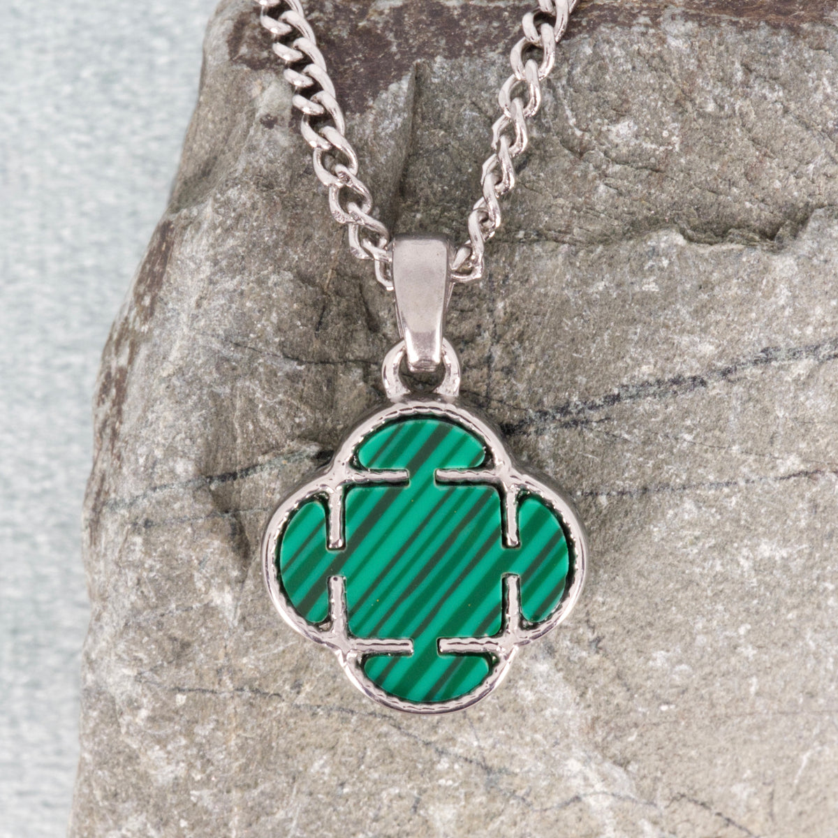 Stainless Steel Green Stone Clover Pendant & Chain