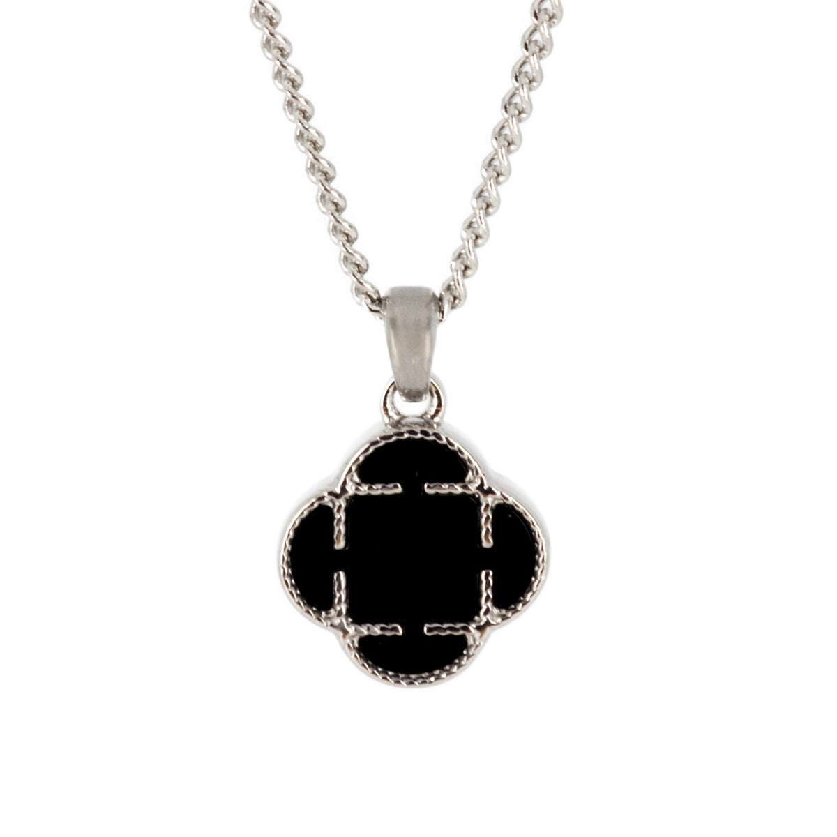 Stainless Steel Black Stone Clover Pendant & Chain