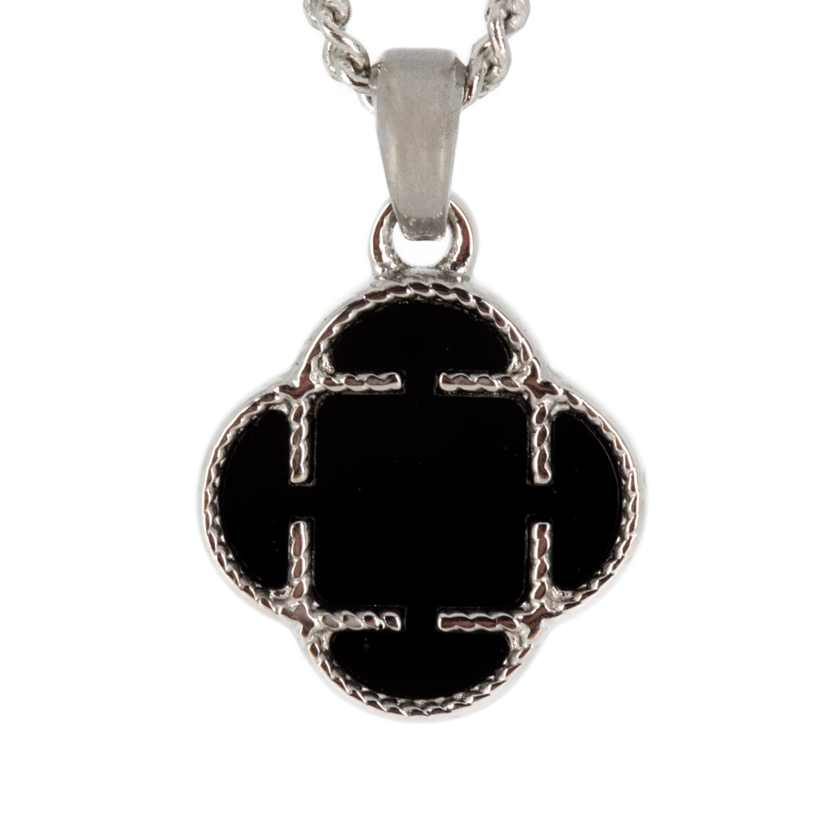 Stainless Steel Black Stone Clover Pendant & Chain