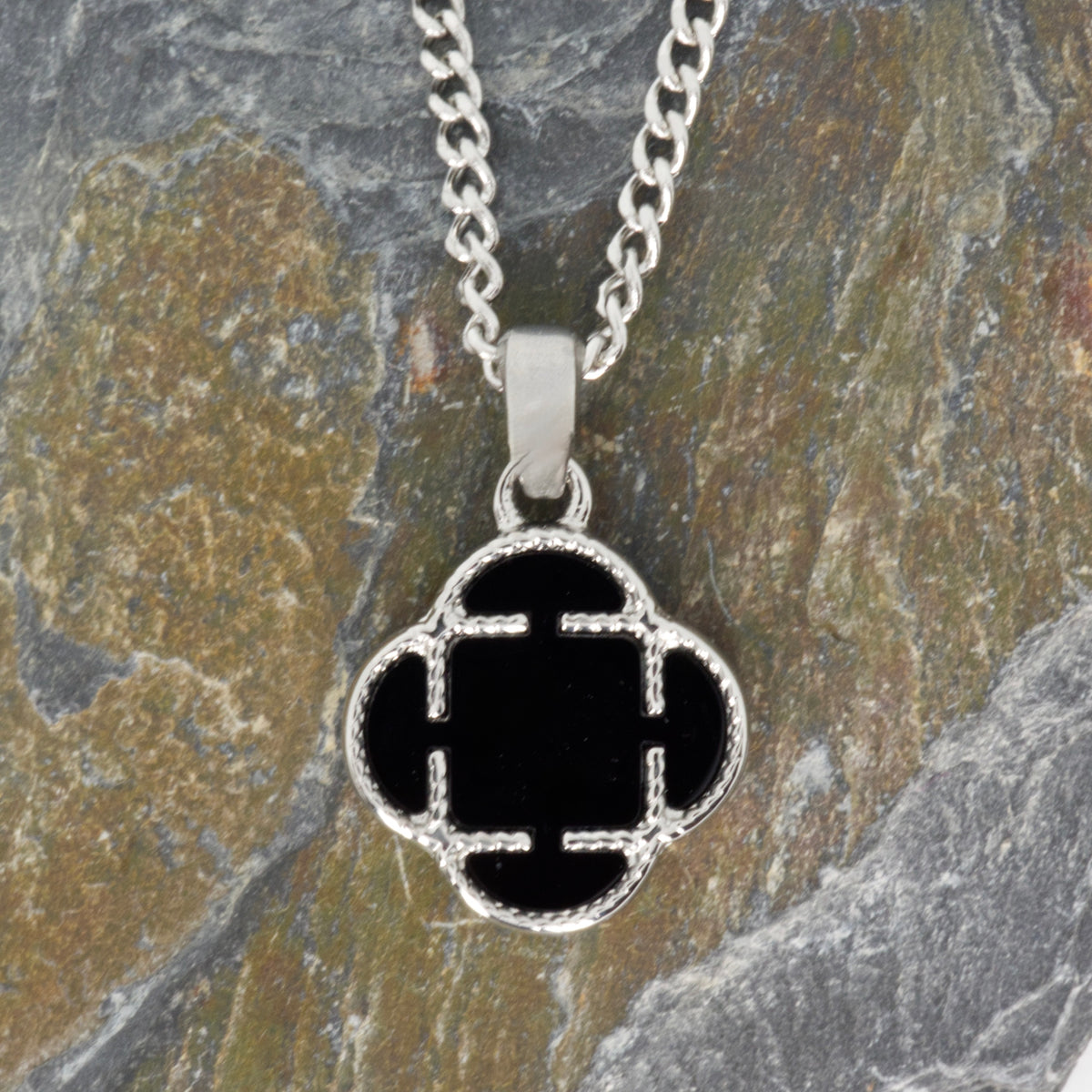 Stainless Steel Black Stone Clover Pendant & Chain