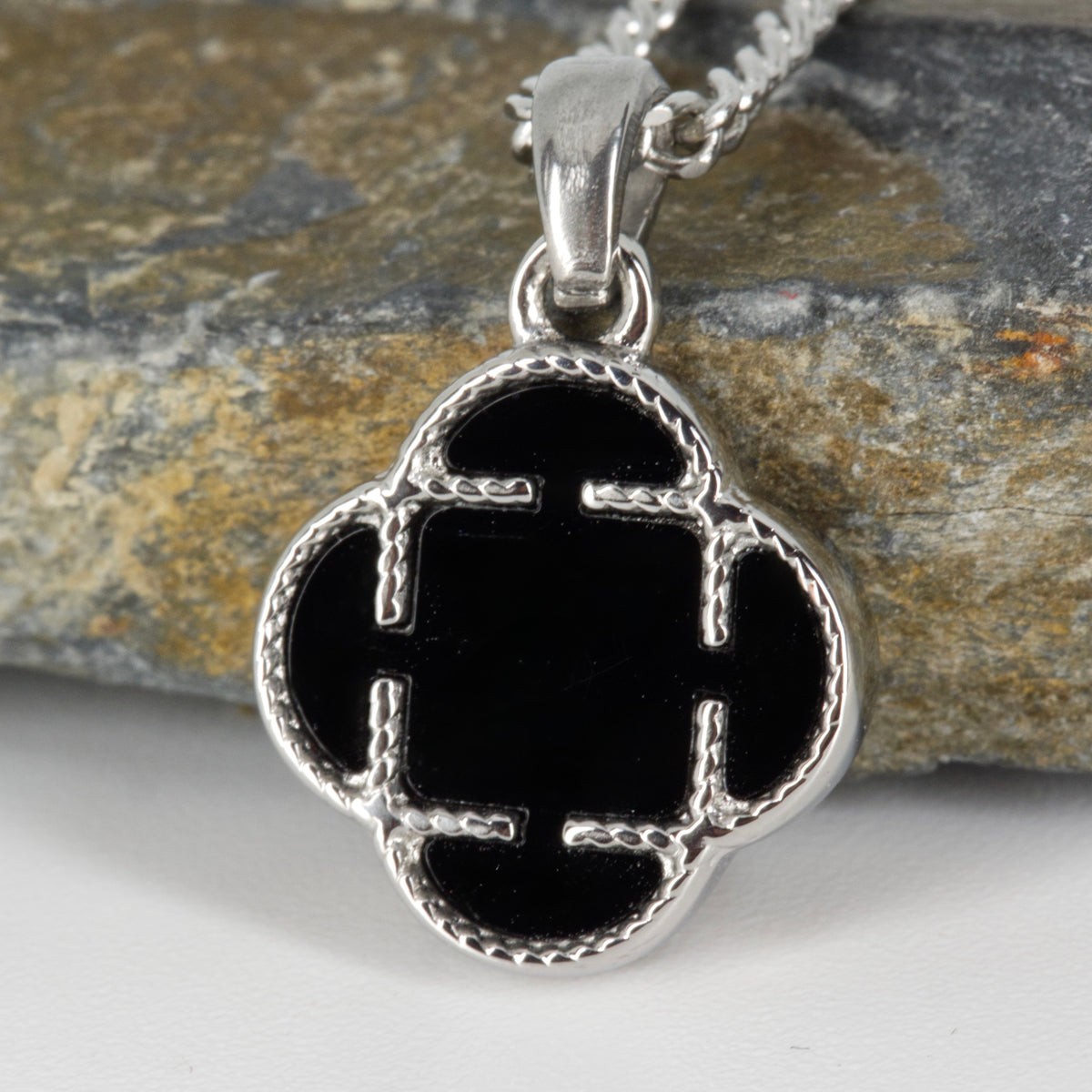 Stainless Steel Black Stone Clover Pendant & Chain