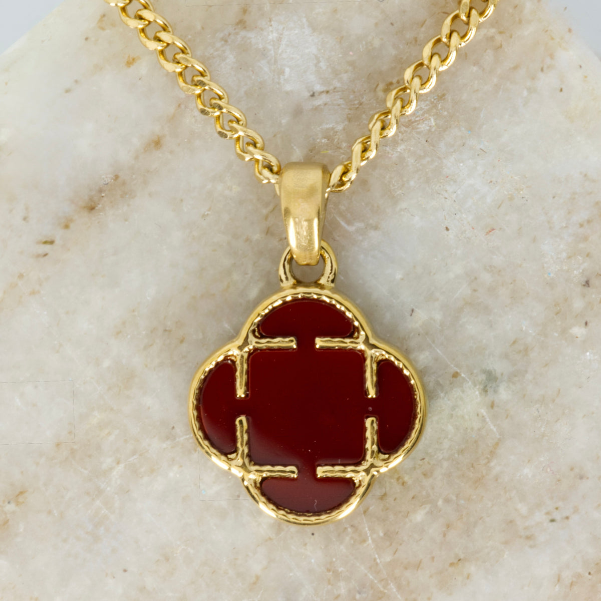 Gold Plated Red Stone Clover Pendant & Chain
