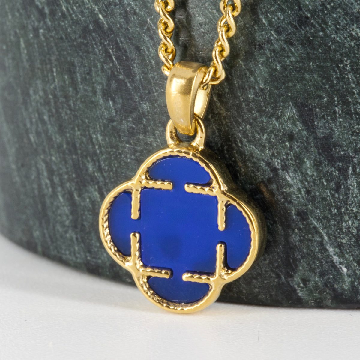 Gold Plated Blue Stone Clover Pendant & Chain