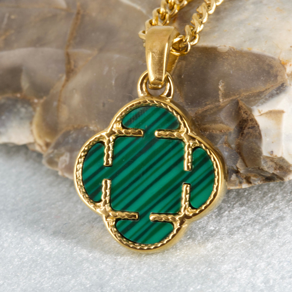 Gold Plated Green Stone Clover Pendant & Chain