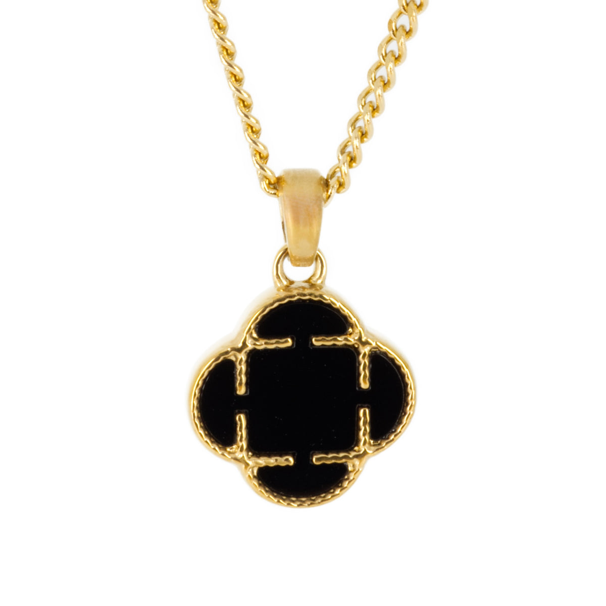 Gold Plated Black Stone Clover Pendant & Chain