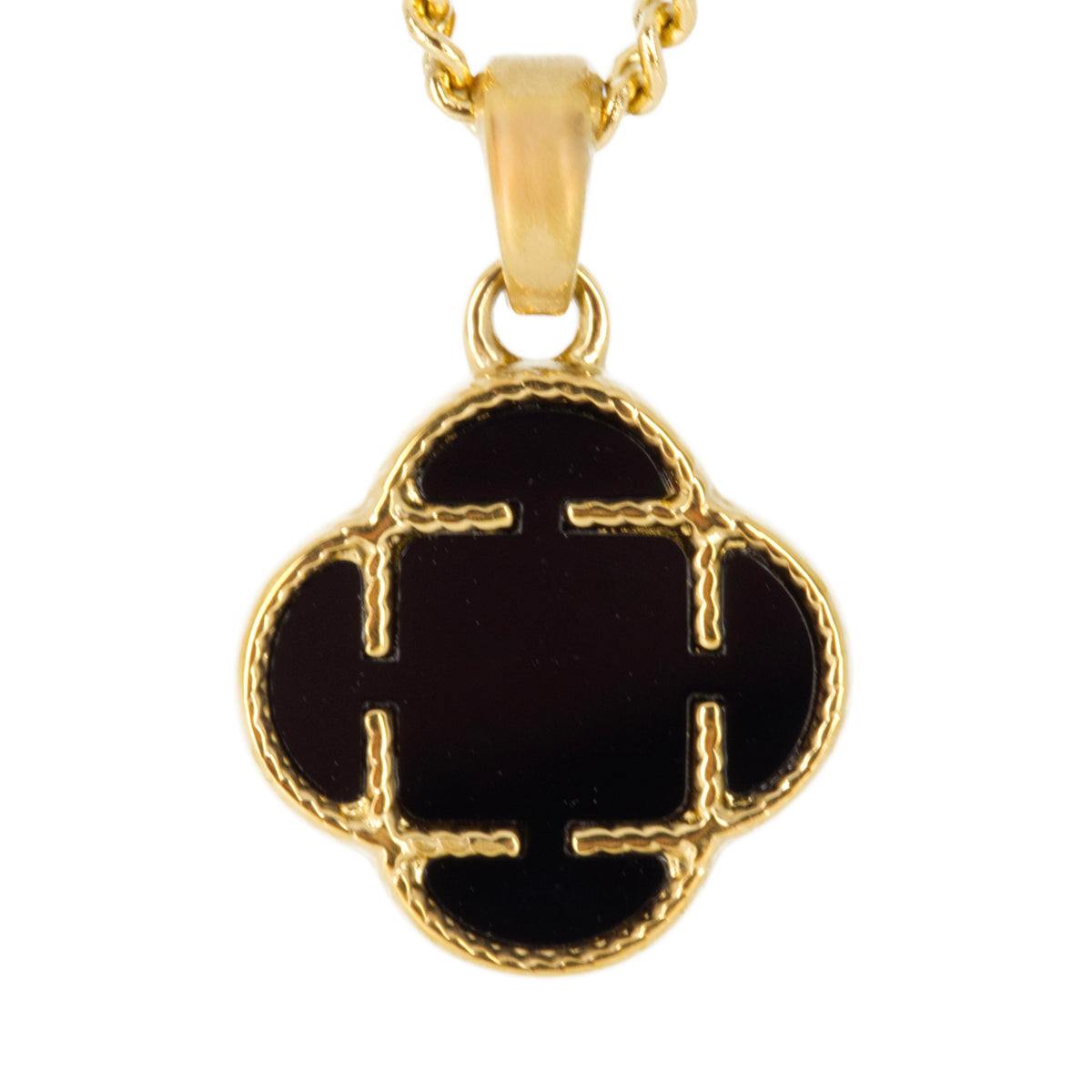Gold Plated Black Stone Clover Pendant & Chain