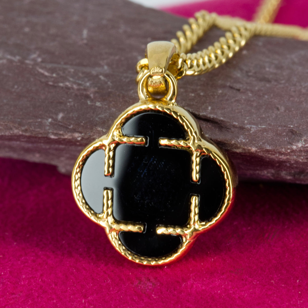 Gold Plated Black Stone Clover Pendant & Chain